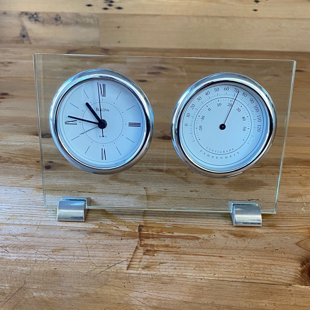 Bulova Silver and White Wall Clock with Barometer